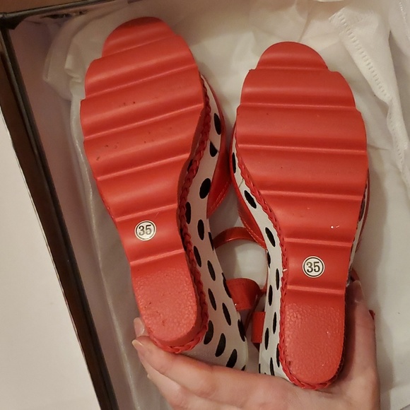 Peep Toe Wedge Heels Red with Polka Dot - Picture 7 of 8